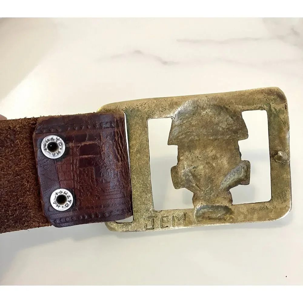 Vintage Brass Buckle Belt Tooled Leather Peruvian Inca Tumi God Native Symbols